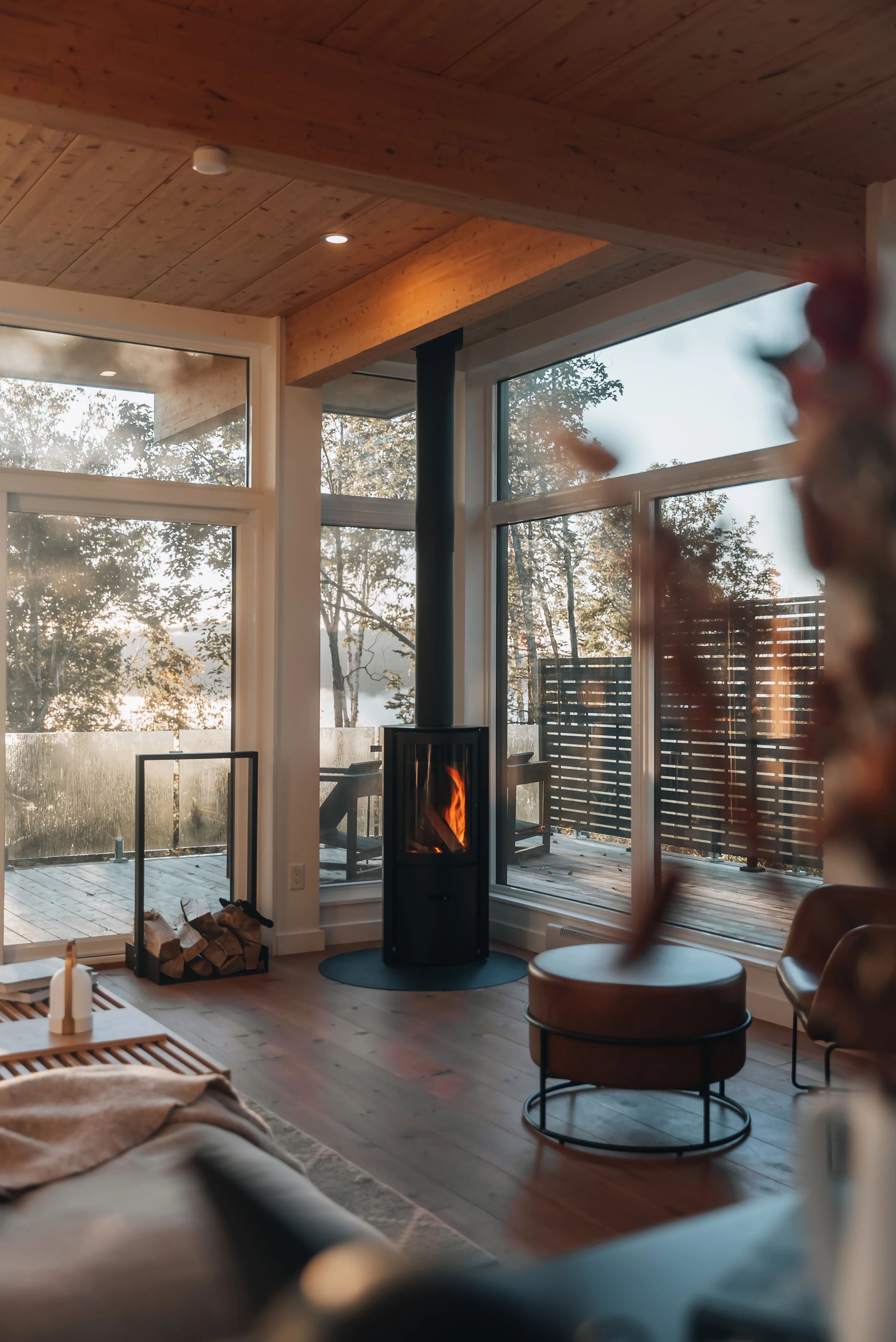 Wood-burning fireplace inside WOLM Cabin